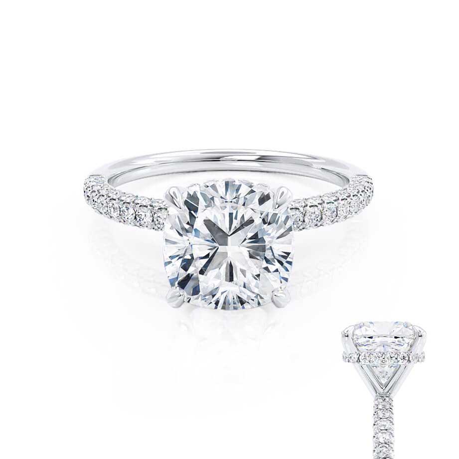 Cushion cut lab diamond engagement ring with hidden halo in platinum, front view