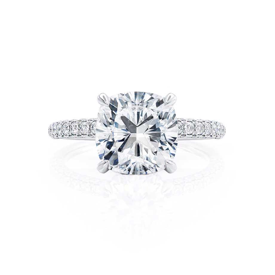 Profile view of cushion cut lab diamond hidden halo engagement ring in platinum