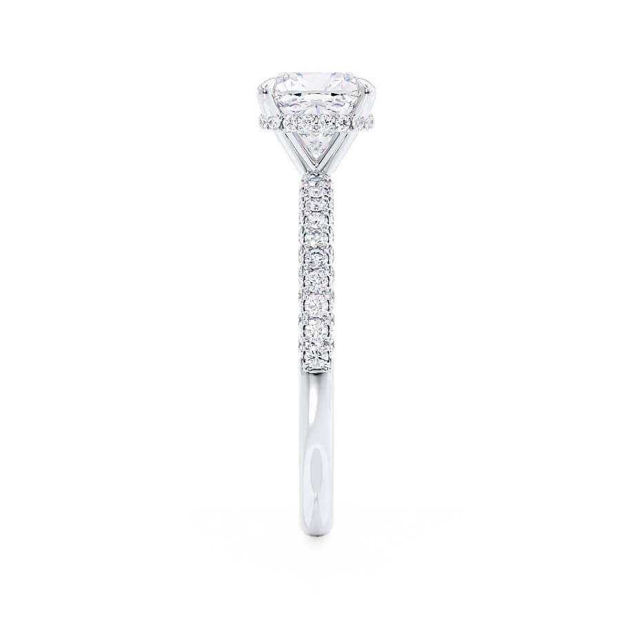 Side view of cushion cut lab diamond hidden halo engagement ring in platinum