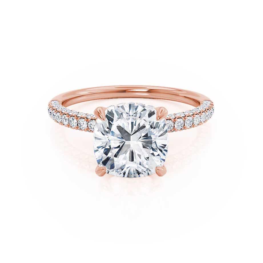 Cushion cut lab diamond hidden halo engagement ring in 18k rose gold, angled view