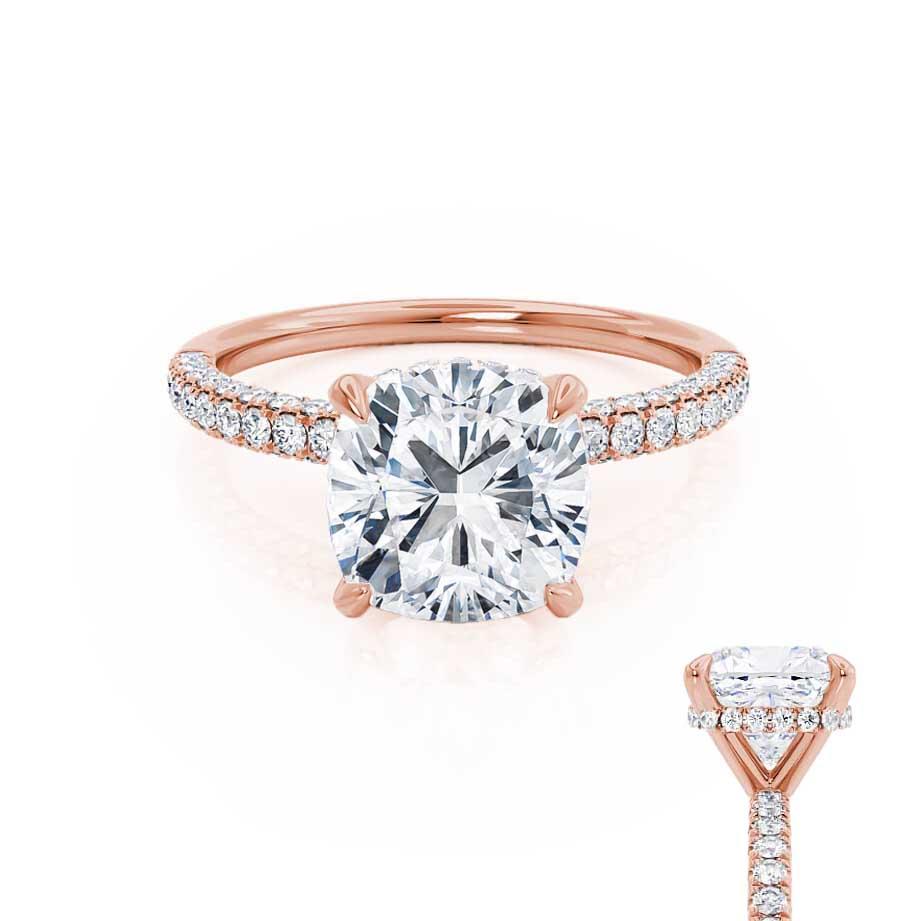 Cushion cut lab diamond engagement ring with hidden halo in 18k rose gold, front view