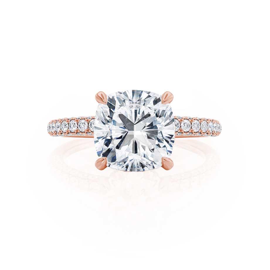 Profile view of cushion cut lab diamond hidden halo engagement ring in 18k rose gold