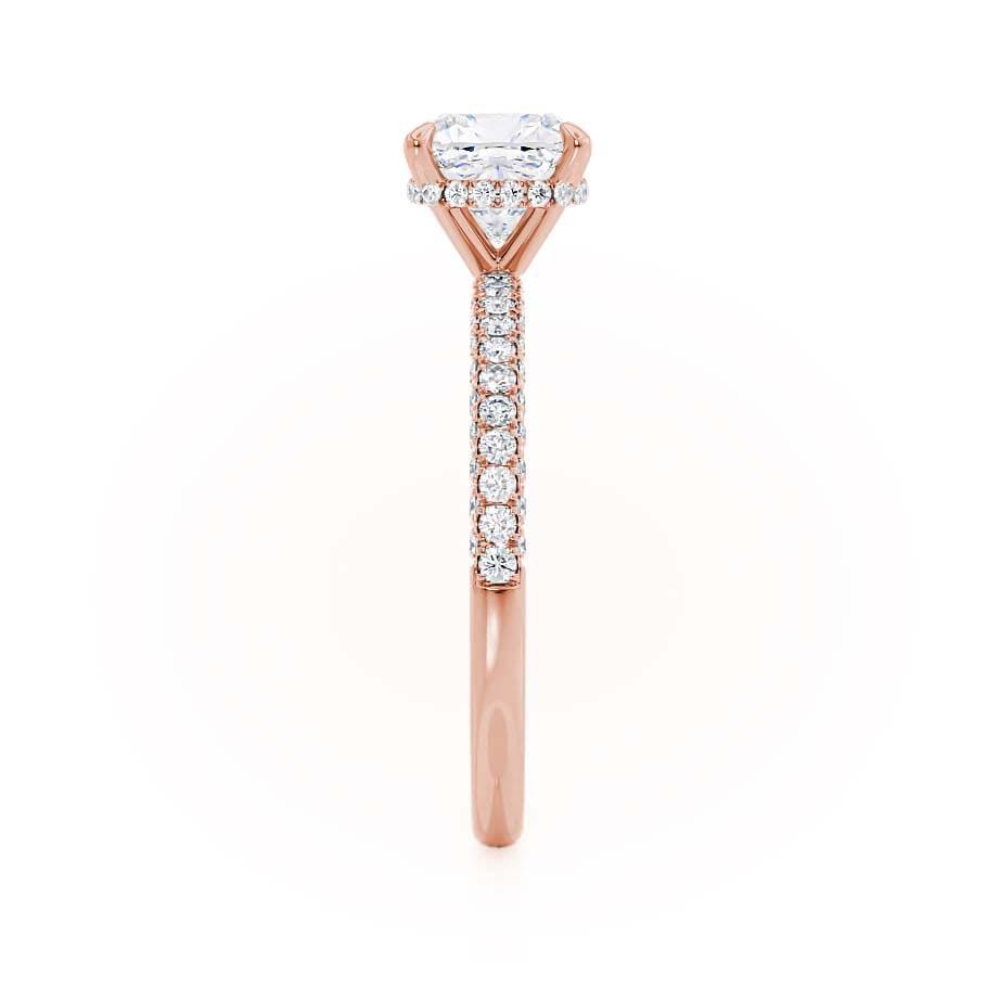 Side view of cushion cut lab diamond hidden halo engagement ring in 18k rose gold