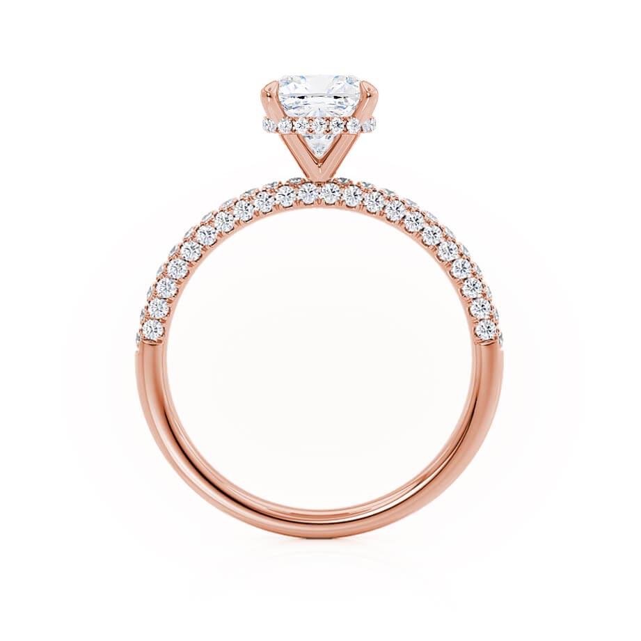 Top view of cushion cut lab diamond hidden halo engagement ring in 18k rose gold