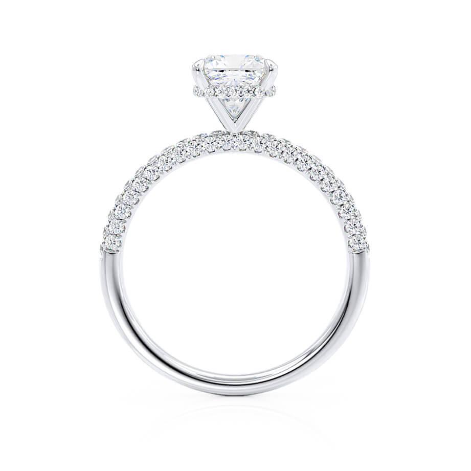 Top view of cushion cut lab diamond hidden halo engagement ring in 18k white gold