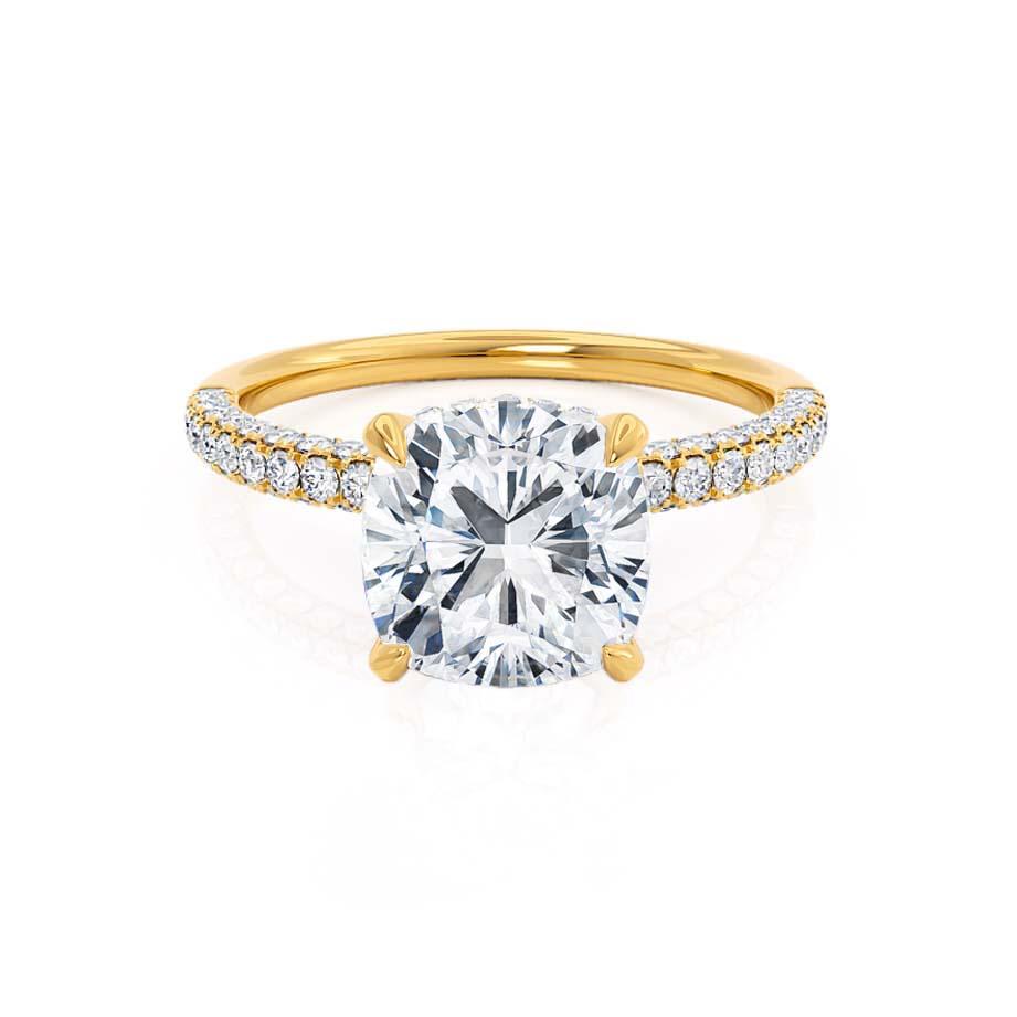 Cushion cut lab diamond hidden halo engagement ring in 18k yellow gold, angled view