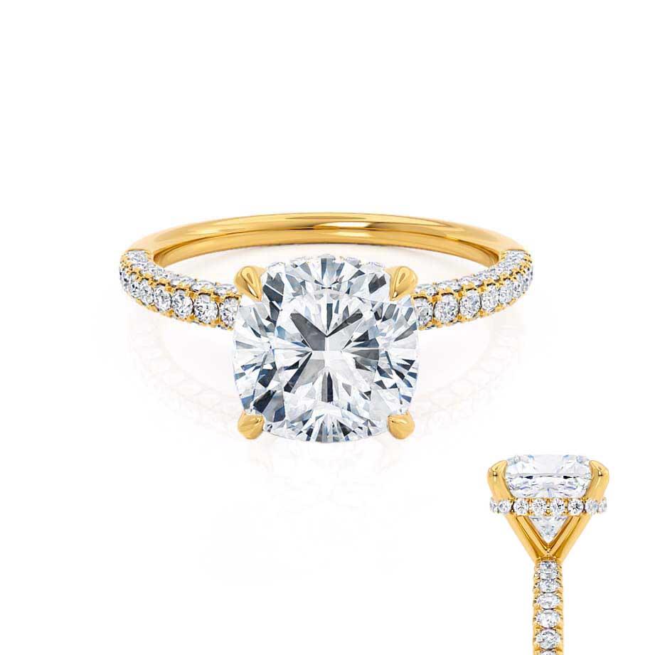 Cushion cut lab diamond engagement ring with hidden halo in 18k yellow gold, front view