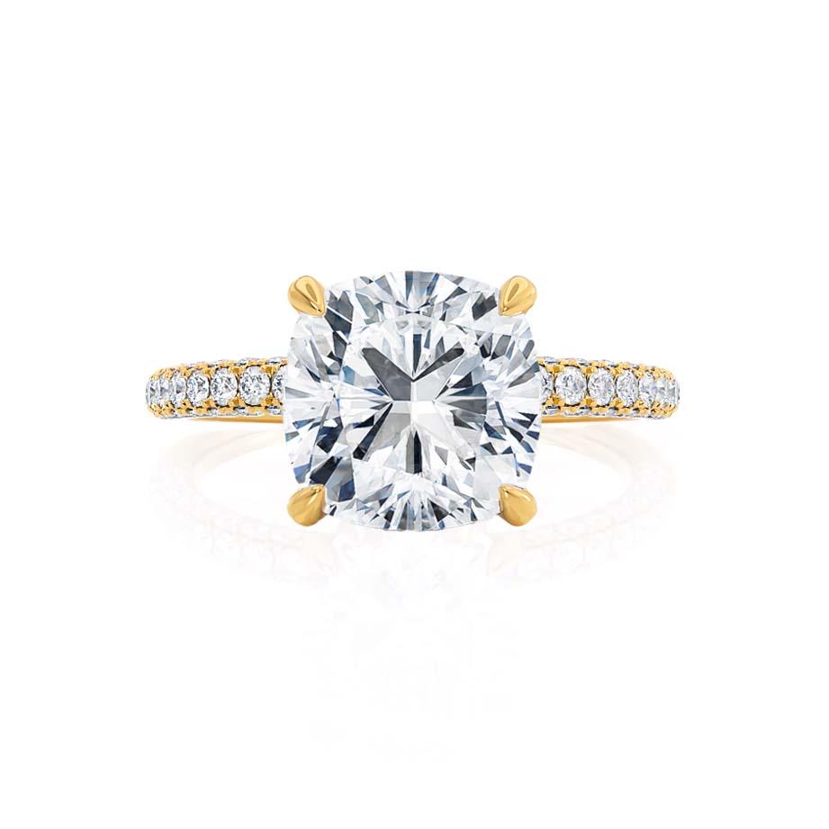 Profile view of cushion cut lab diamond hidden halo engagement ring in 18k yellow gold