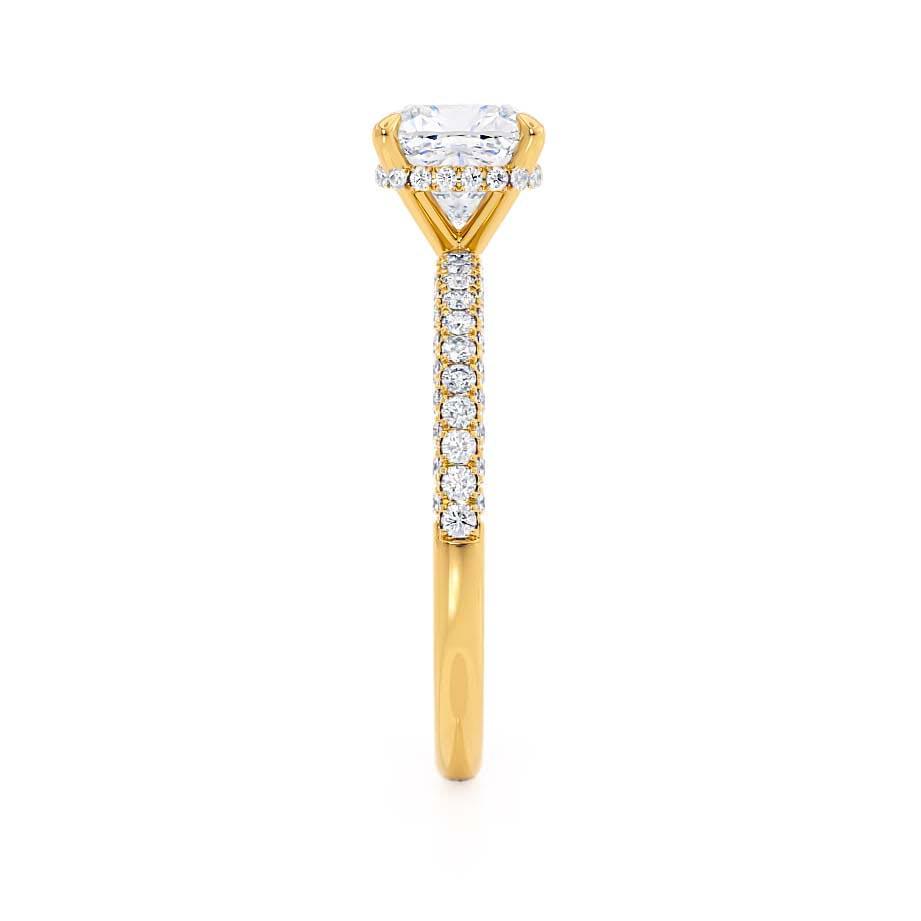 Side view of cushion cut lab diamond hidden halo engagement ring in 18k yellow gold