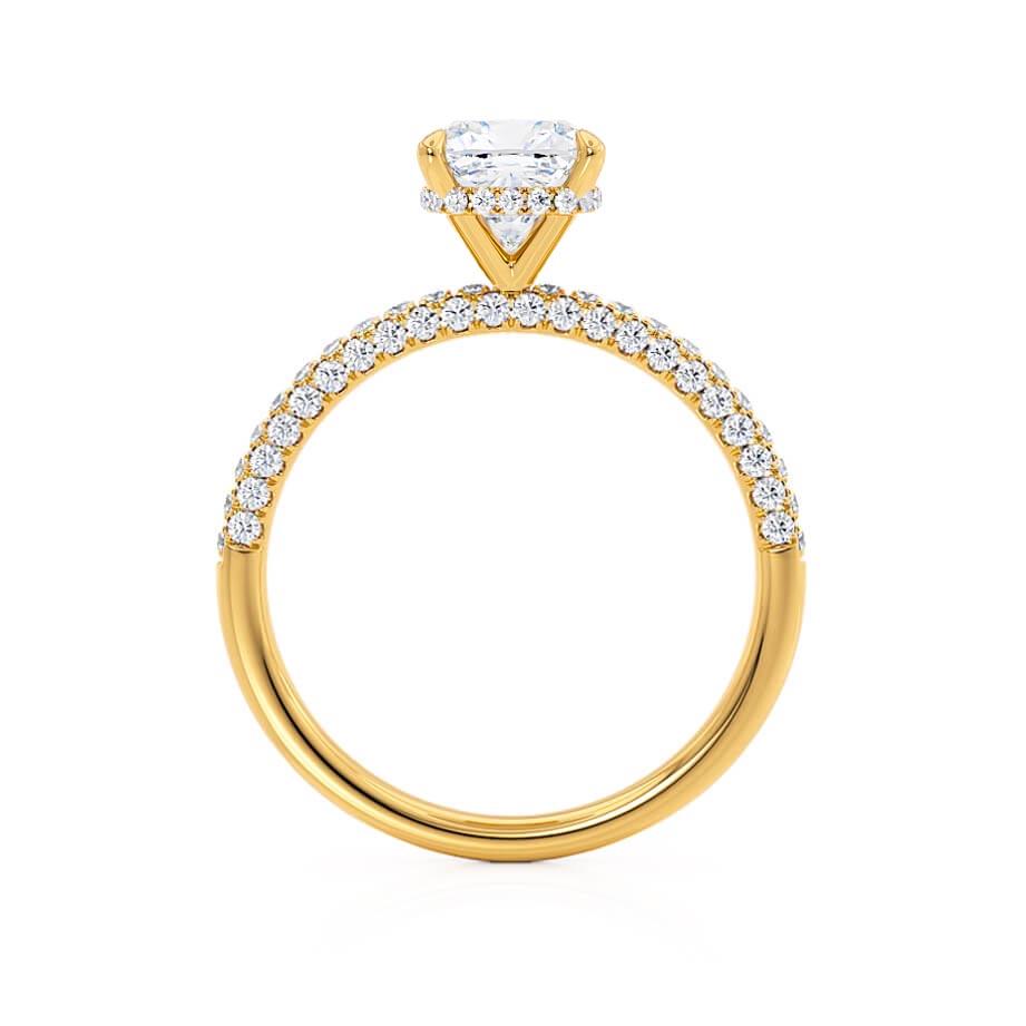 Top view of cushion cut lab diamond hidden halo engagement ring in 18k yellow gold