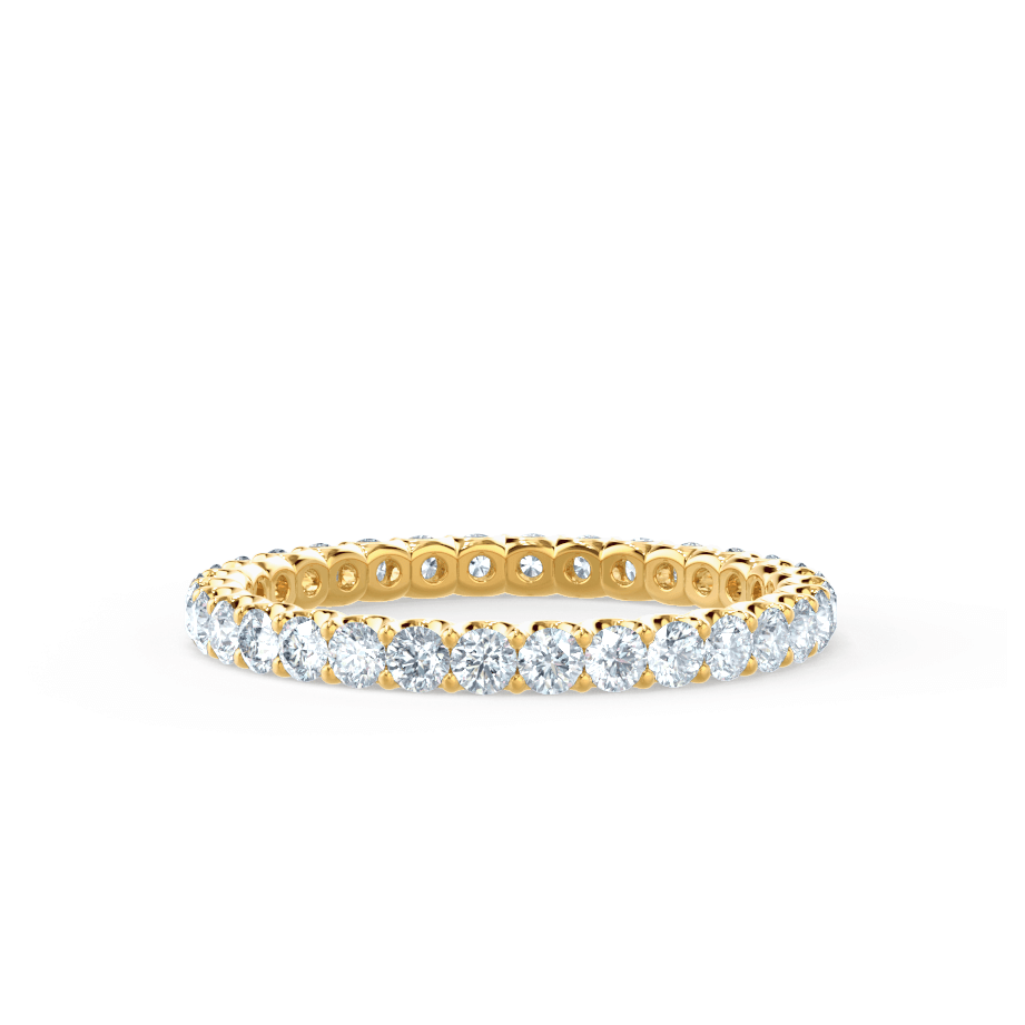 Flat view of full-round brilliant cut eternity ring in yellow gold, classic and symmetrical.