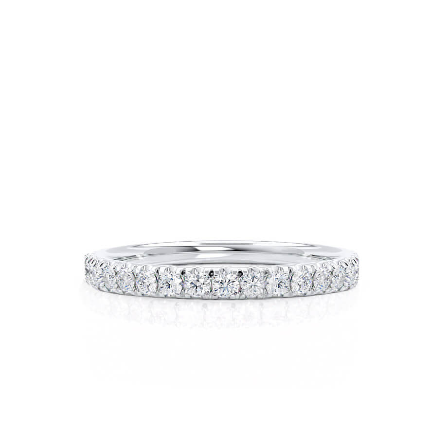 Flatlay of the Luna eternity band from a top-down view, showcasing micro pavé diamond alignment.