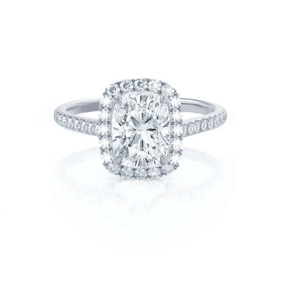 Elongated cushion cut lab diamond halo engagement ring in platinum, front view