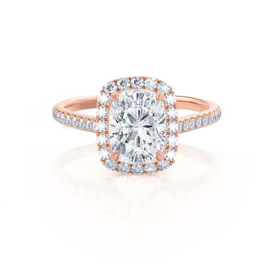 Elongated cushion cut lab diamond halo engagement ring in 18k rose gold, front view