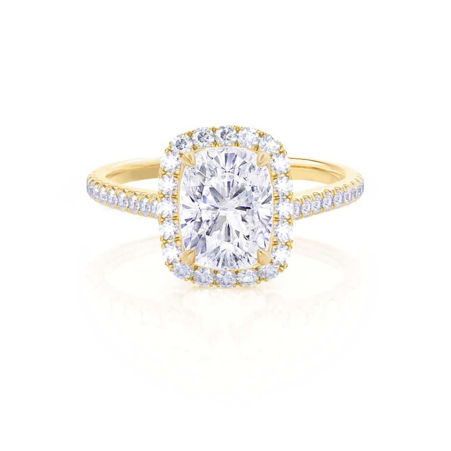 Elongated cushion cut lab diamond halo engagement ring in 18k yellow gold, front view