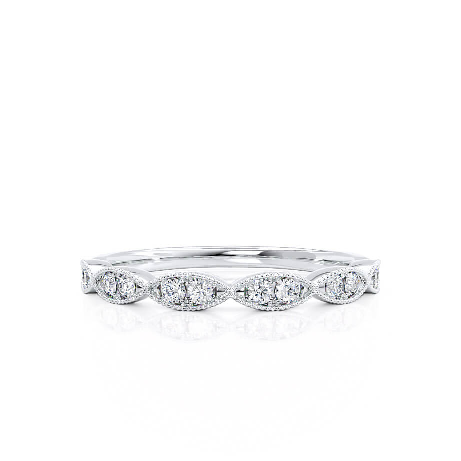 Flat-lay of the marquise-inspired diamond ring emphasizing the alternating bezel setting.