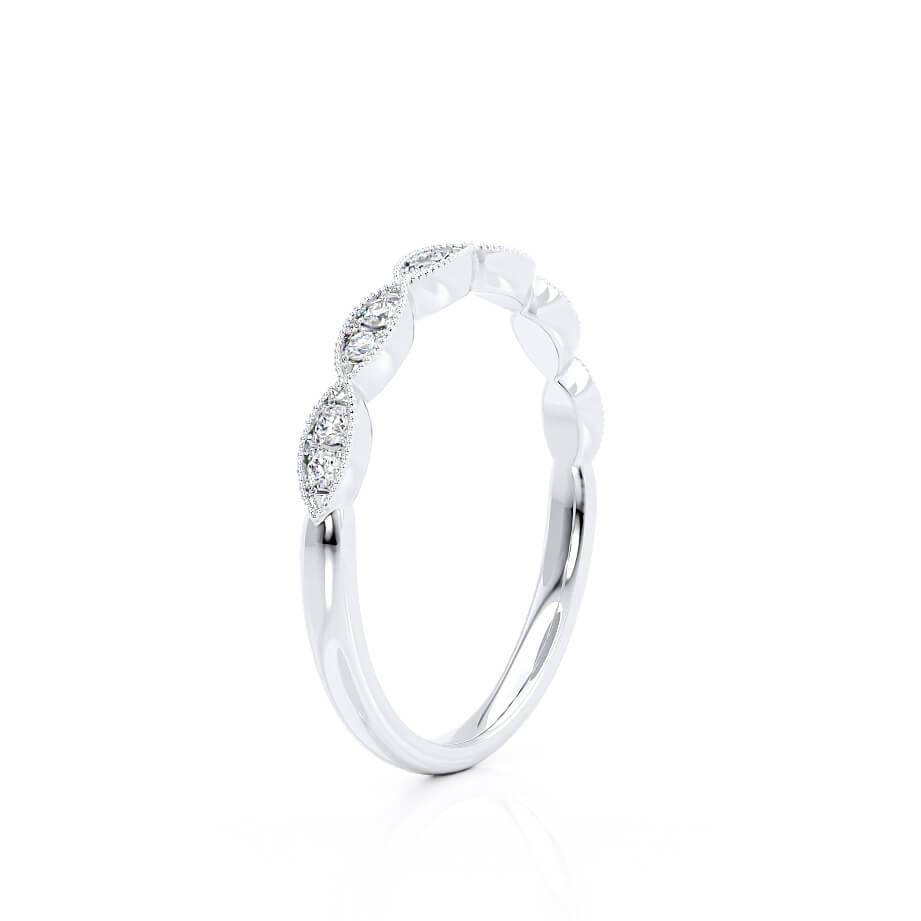 Upright view of a ring featuring alternating marquise and round diamond shapes.