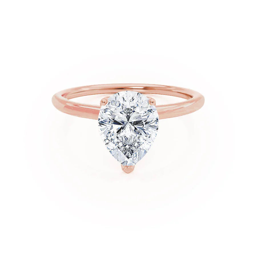 Pear lab diamond petite solitaire engagement ring in 18k rose gold, front view