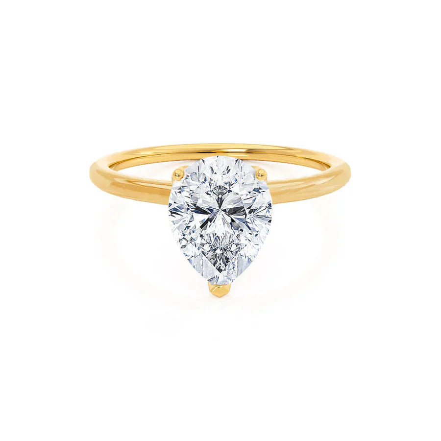 Pear lab diamond petite solitaire engagement ring in 18k yellow gold, front view