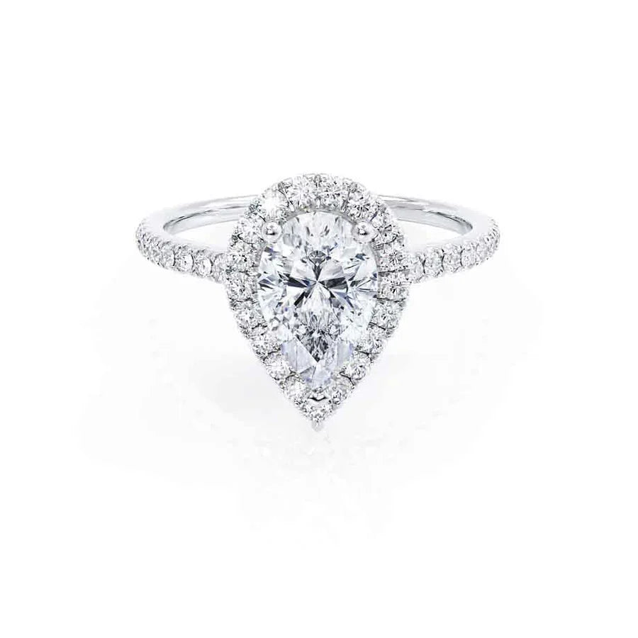 Pear lab diamond petite halo engagement ring in 950 platinum, front view