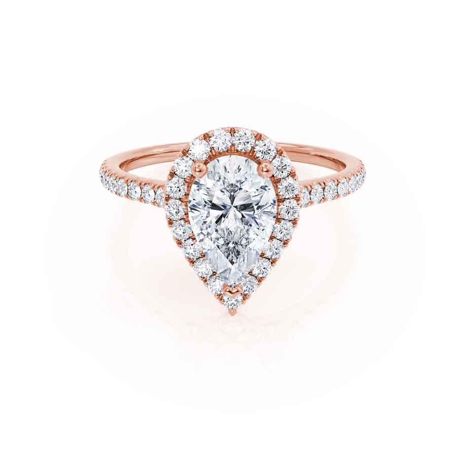Pear lab diamond petite halo engagement ring in 18k rose gold, front view