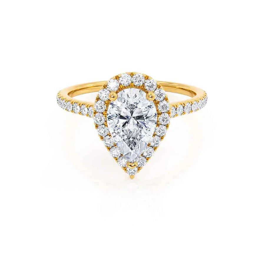 Pear lab diamond petite halo engagement ring in 18k yellow gold, front view