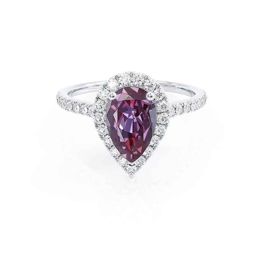 Front view – A pear-cut lab-grown Alexandrite glows at the heart of this timeless halo setting in polished platinum.