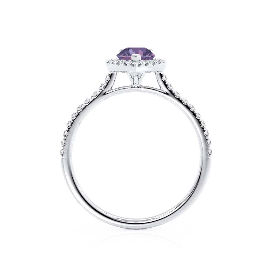 Top-down view – A symmetrical micro pavé halo crowns the center stone, framing it in brilliance.