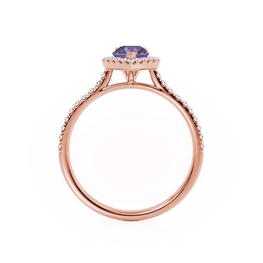 Top-down view – Perfect symmetry meets rich hues in this top view of Alexandrite and its micro diamond halo.