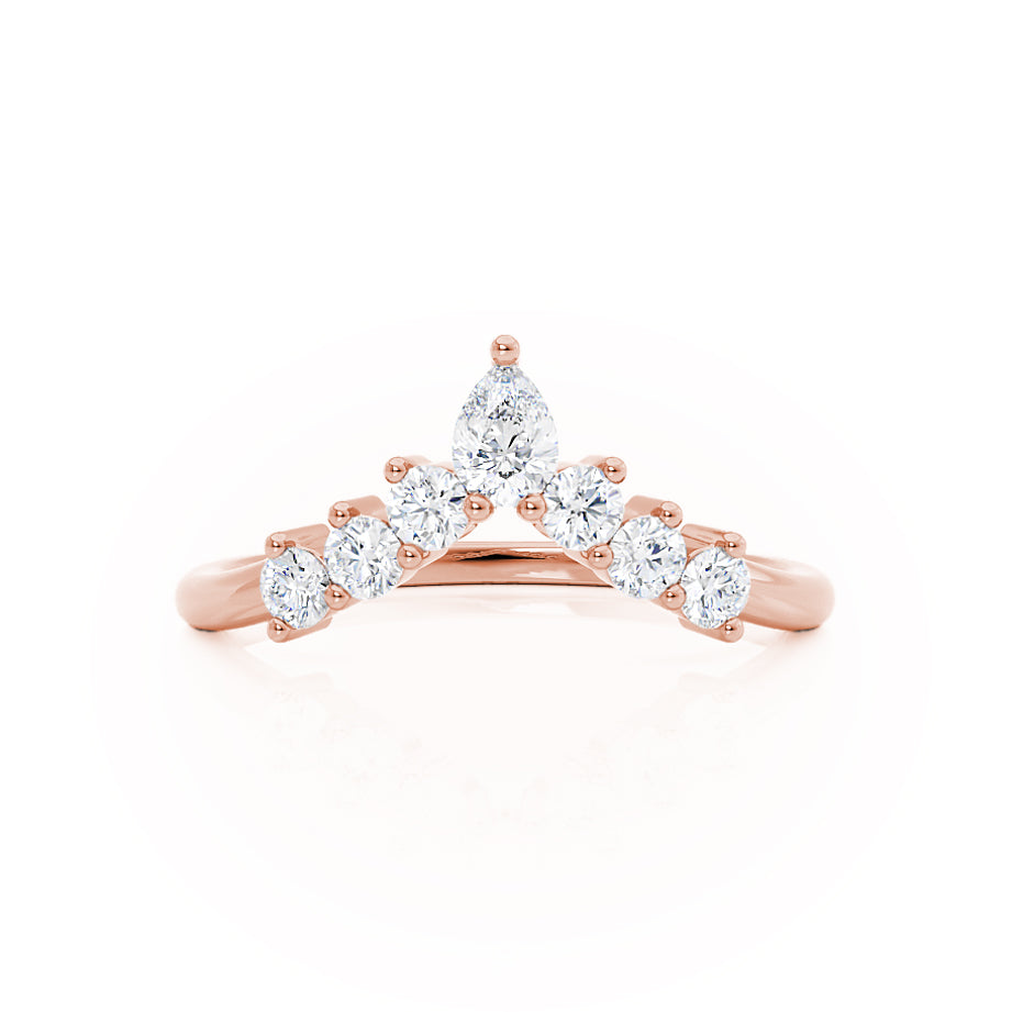 Rose gold band shaped like a crown with a center peak and side stones.