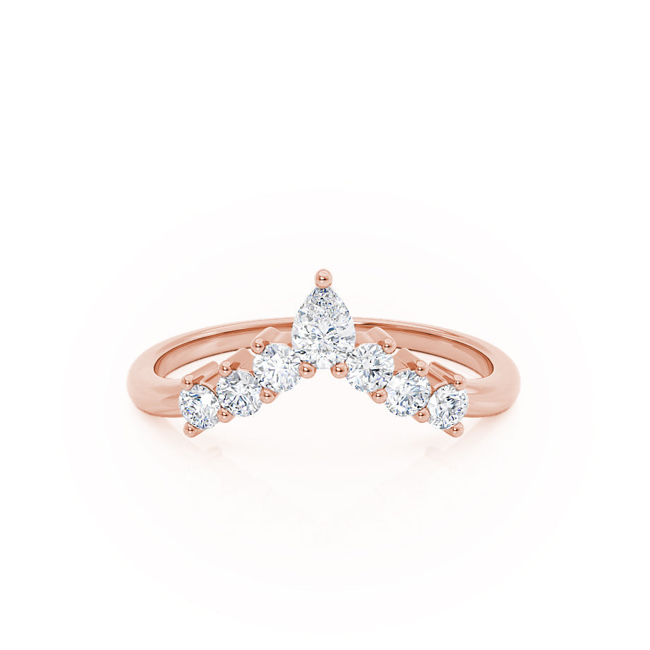 Top view of rose gold tiara-style band with five accent diamonds.