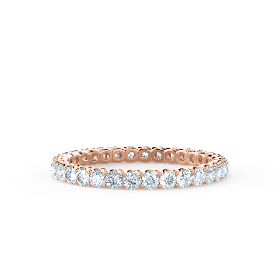 Top view of a rose gold full eternity ring, showcasing uniform round-cut diamond shimmer.