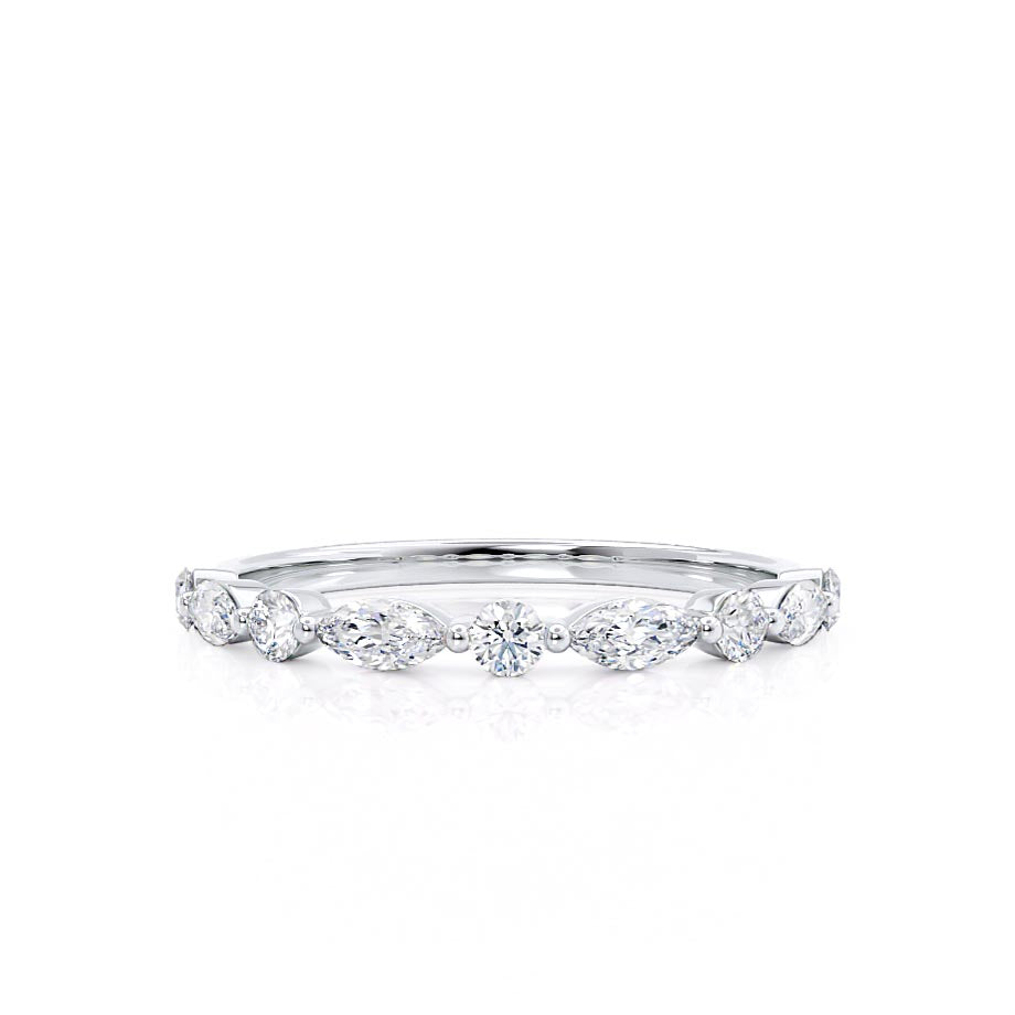 Scalloped white gold band with spaced round diamonds in shared prong setting, ideal for stacking or solo wear.
