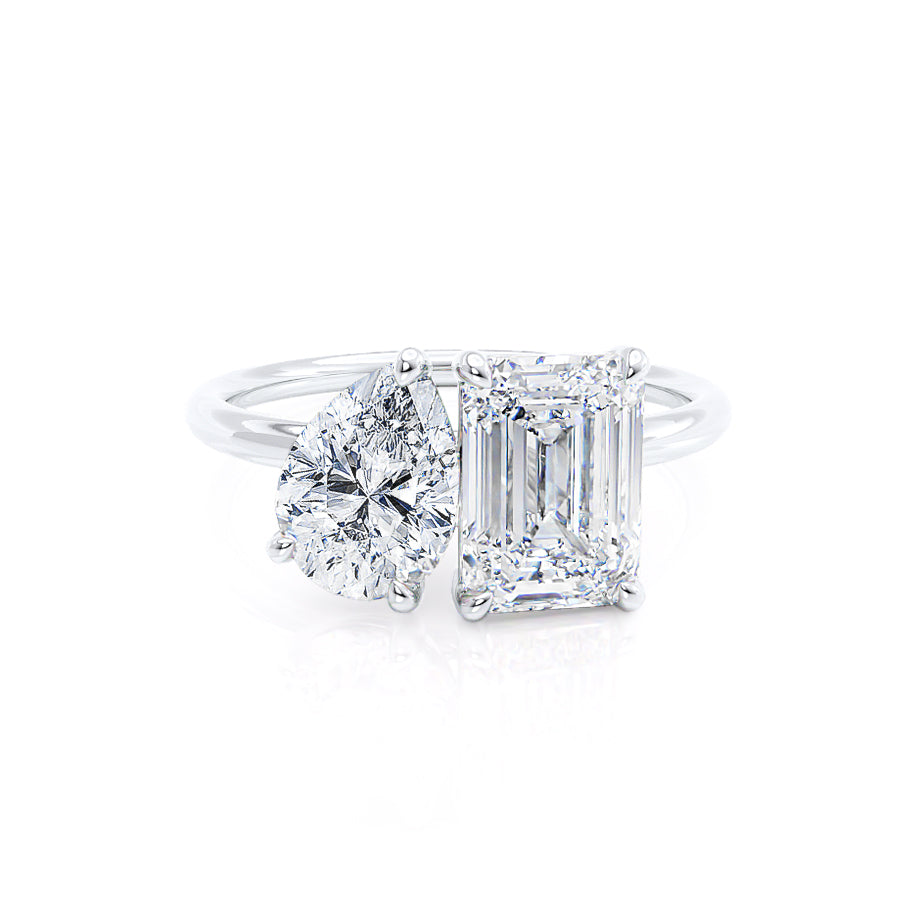 Toi Et Moi engagement ring with emerald-cut and pear-cut lab diamonds in platinum, front view