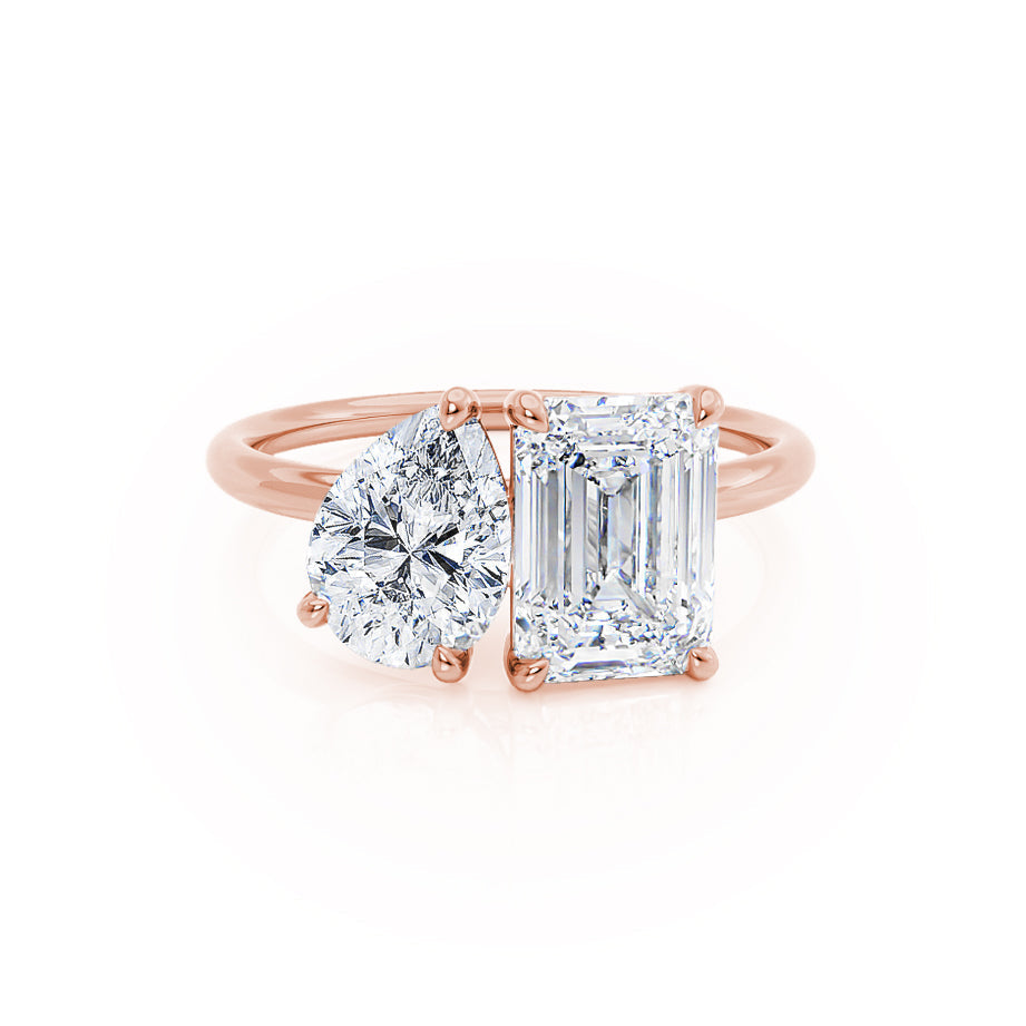 Toi Et Moi engagement ring with emerald-cut and pear-cut lab diamonds in 18k rose gold, front view