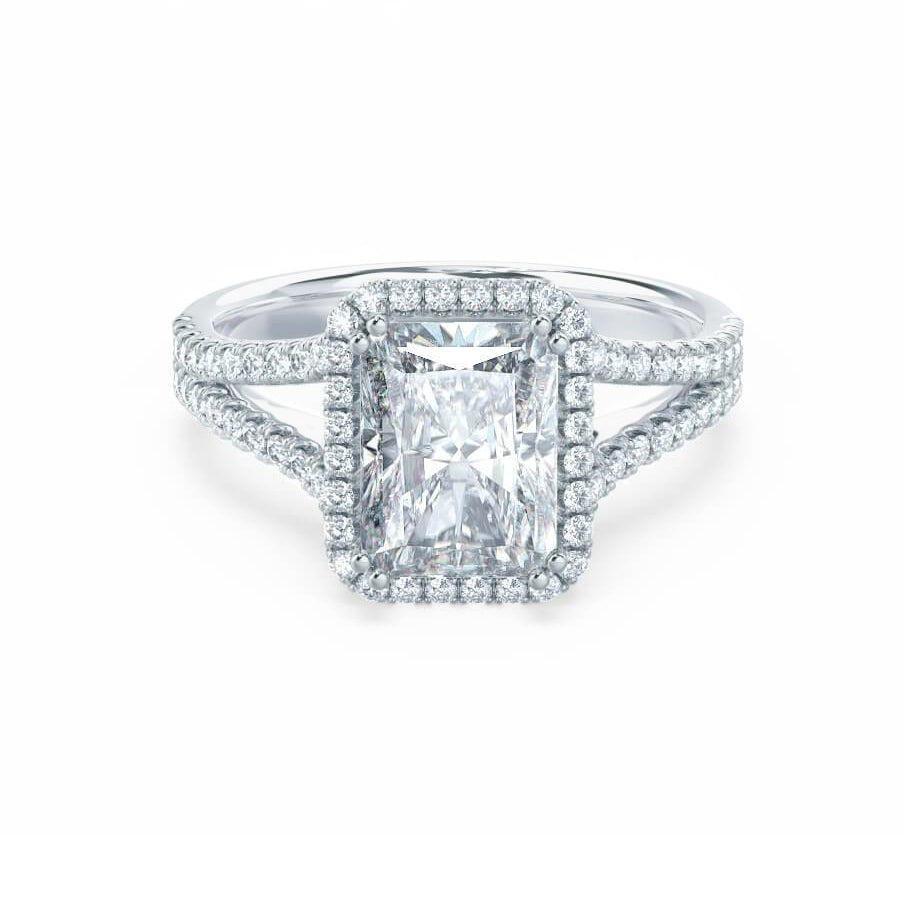 Radiant cut lab diamond split shank halo engagement ring in platinum, front view