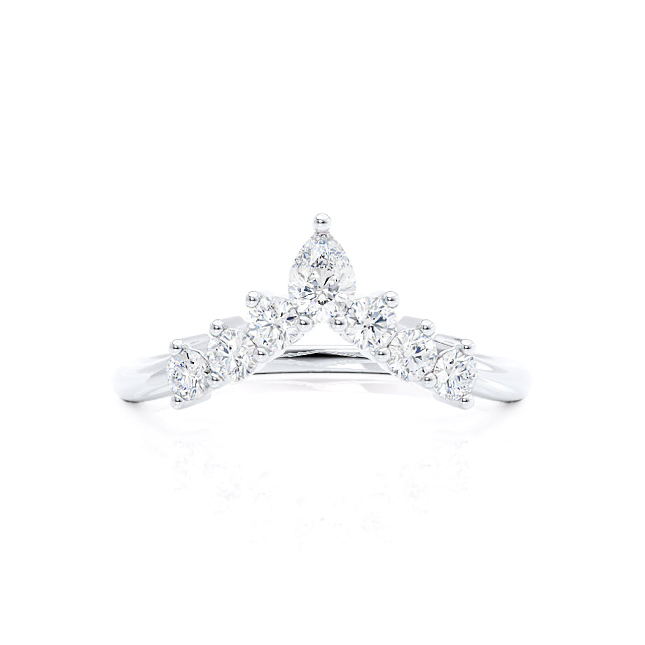 Marquise and round diamond chevron ring in white gold, elegant pointed design perfect for stacking or solo wear.