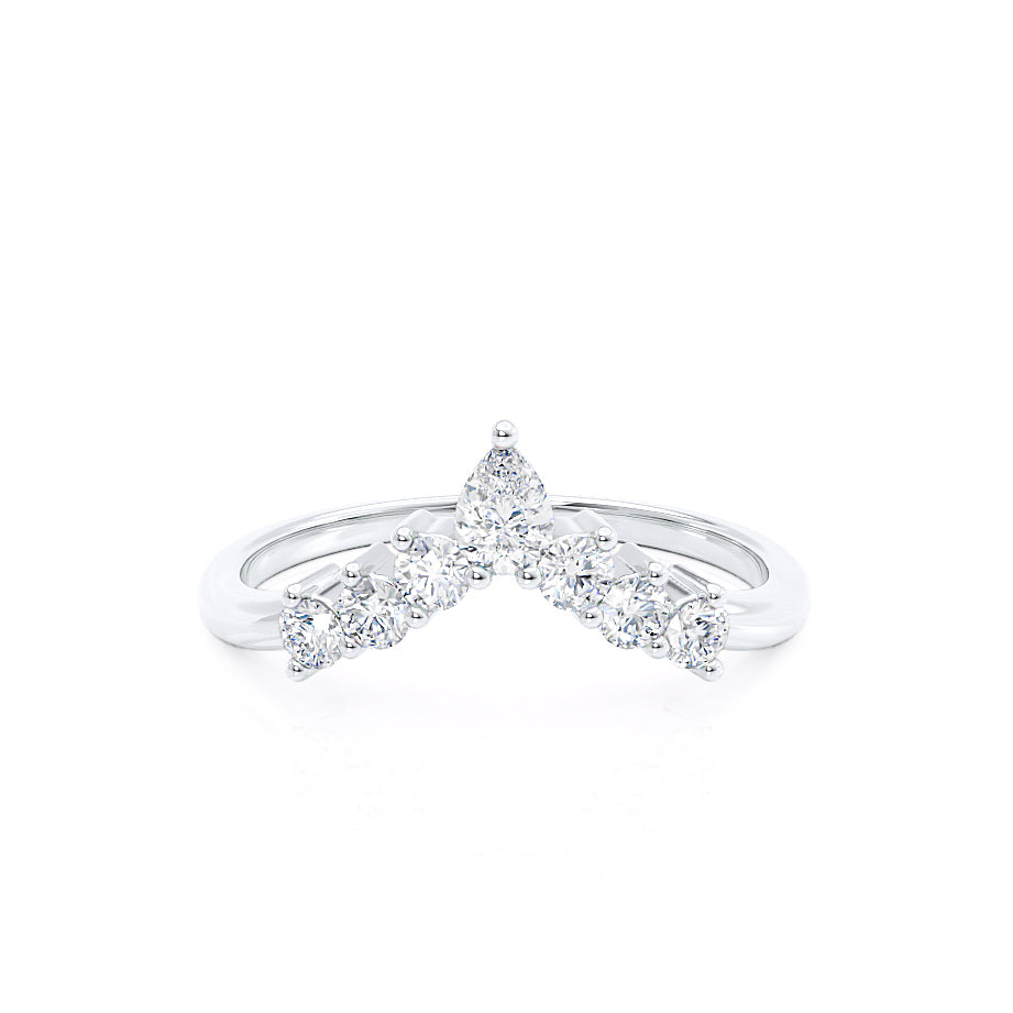 Front view of open V-shaped white gold ring with centered marquise diamond, delicate and regal.