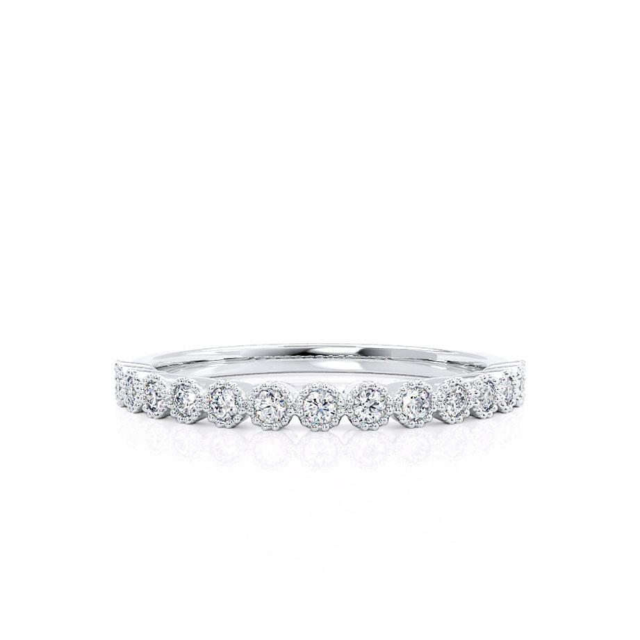 Model showcasing a floating diamond white gold band with sleek, modern appeal.