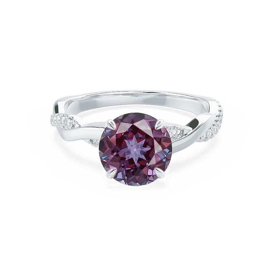 Front view of the Wisteria ring, featuring a rare color-changing lab-grown Alexandrite cradled by a pavé diamond vine in platinum.