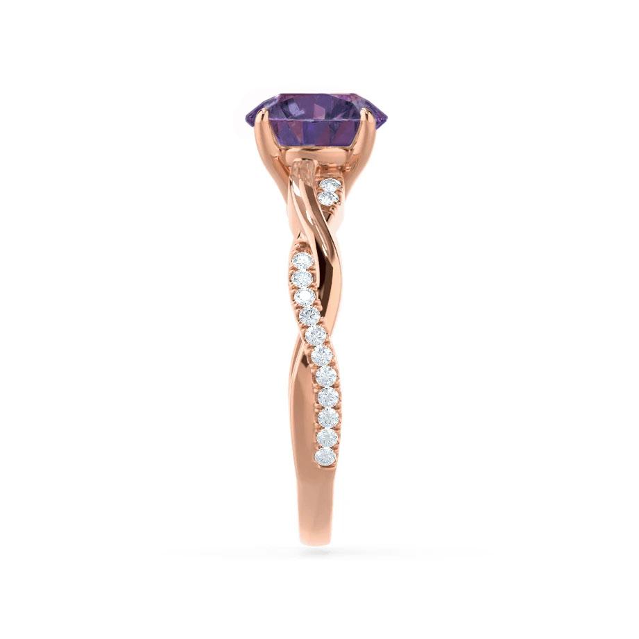 Side profile with a focus on the sculpted mount and delicate rose gold detailing beneath the gem.
