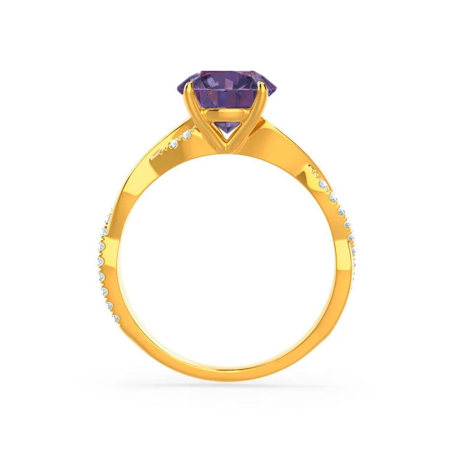 Top view highlighting the balance of the round cut Alexandrite and the symmetrical diamond shoulder vines.