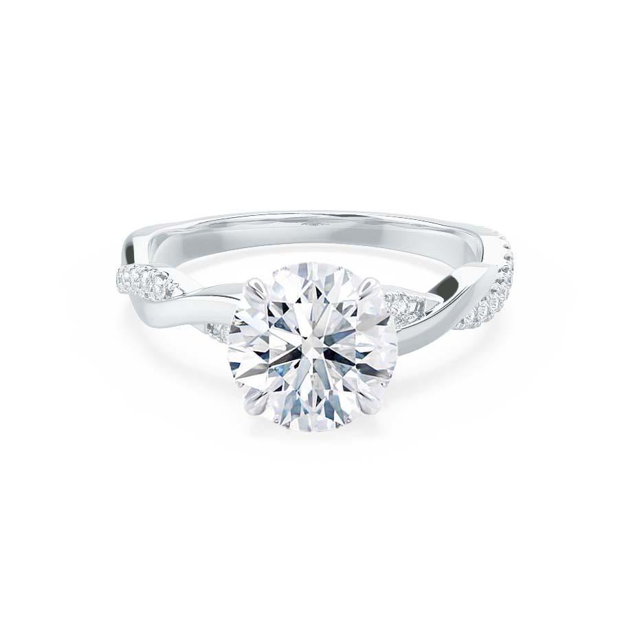 Front view of the Wisteria round lab diamond engagement ring in 18k white gold with pavé vine band