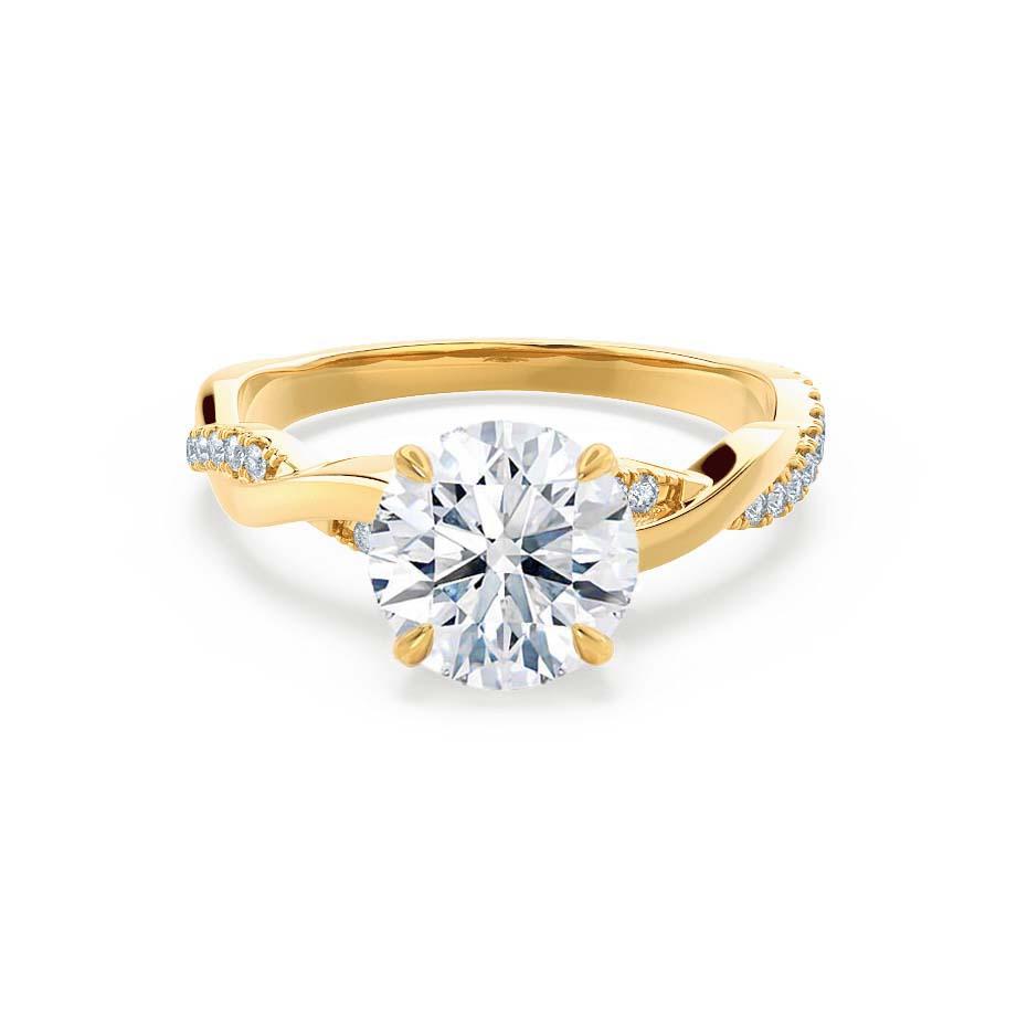 Front view of the Wisteria round lab diamond engagement ring in 18k yellow gold with pavé diamond vine band