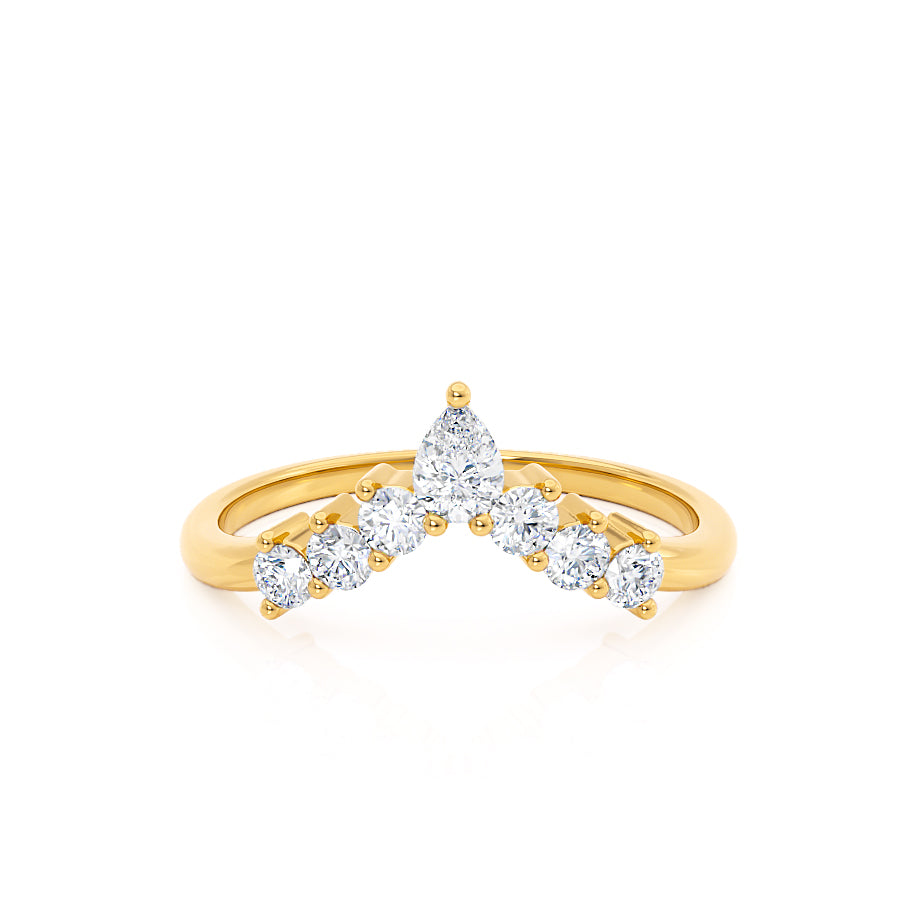 Angled view of a yellow gold marquise-cut crown ring, delicate and unique.