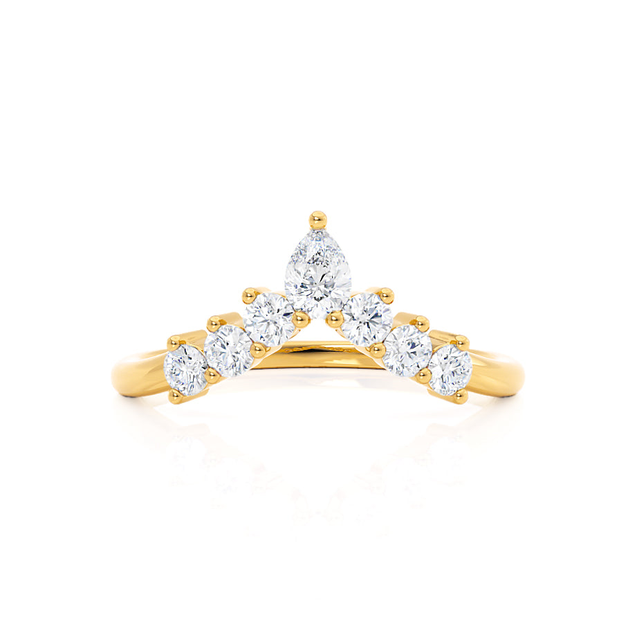V-shaped yellow gold band with a central marquise diamond and tapered accents.